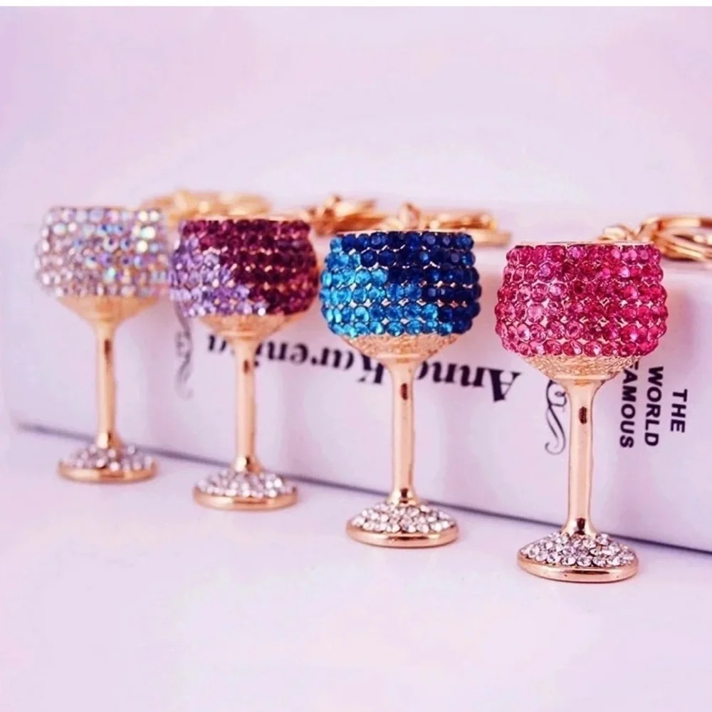 NEW Adorable Sparkly Wine Glass Bag Charm / Key Ring  w/ white stones - Gift! - Picture 3 of 3